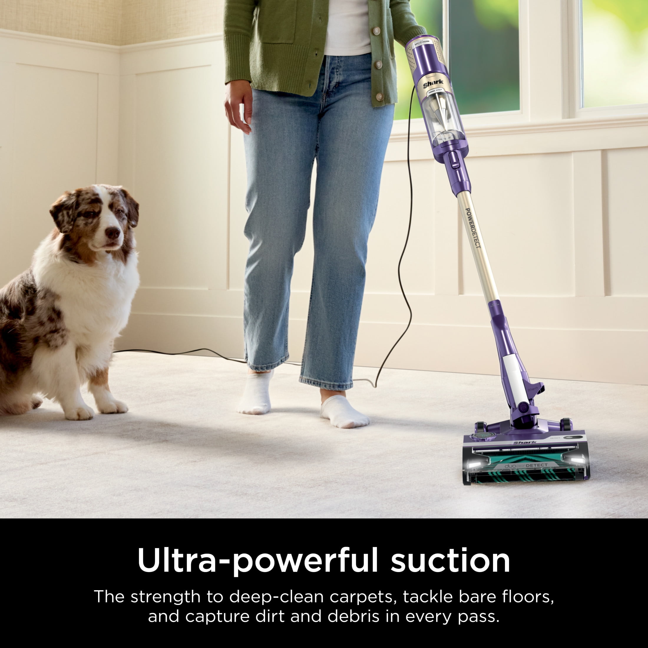 Shark POWERDETECT Corded Stick Vacuum, Carpet and Hardfloors, Pet Friendly, with DuoClean Detect Technology, Self-Cleaning Brushroll, HZ4002 Purple