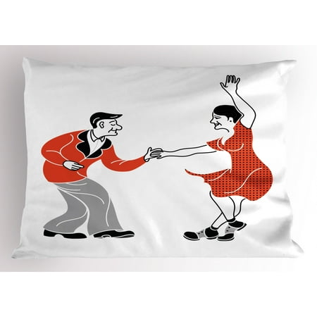 Retirement Party Pillow Sham Retro Fashion Style Old Couple Dancing Swing Having Fun, Decorative Standard Size Printed Pillowcase, 26 X 20 Inches, Black Vermilion Pale Grey, by