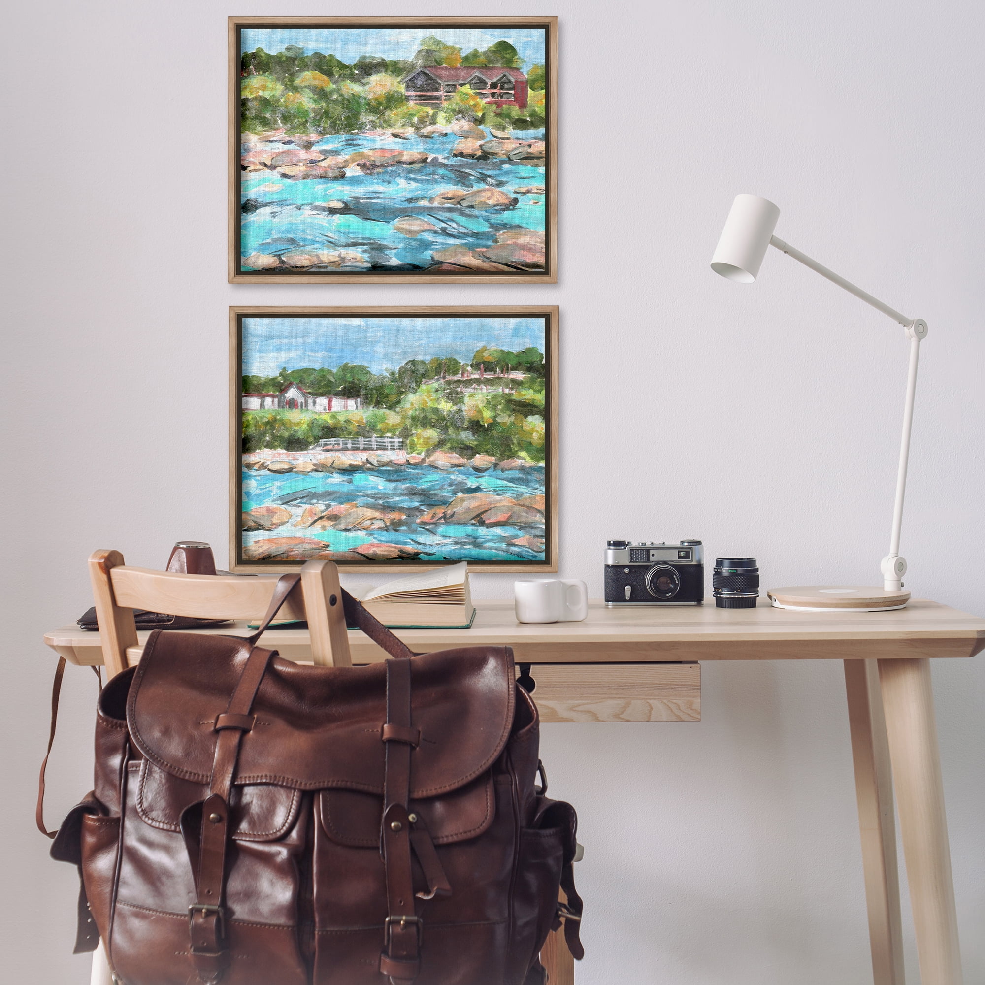 Stupell Industries Flowing River Rocks Nautical & Beach Painting Brown Floater Framed Canvas Art Print Wall Art, 31 x 25, Set of 2