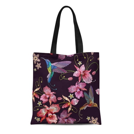Orchid Embroidery - ASHLEIGH Canvas Tote Bag Humming Bird and Orchid Exotic Tropical Flowers Embroideries Beautiful Durable Reusable Shopping Shoulder Grocery Bag