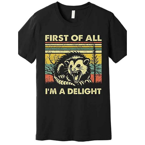 1pc Men'S Funny Sarcastic T-Shirt - "First of All I'm a Delight" Angry Opossum Graphic Tee - Black Crew Neck Shirt with Bold Yellow Text - Soft Breathable Cotton Top for Everyday Casual Wear