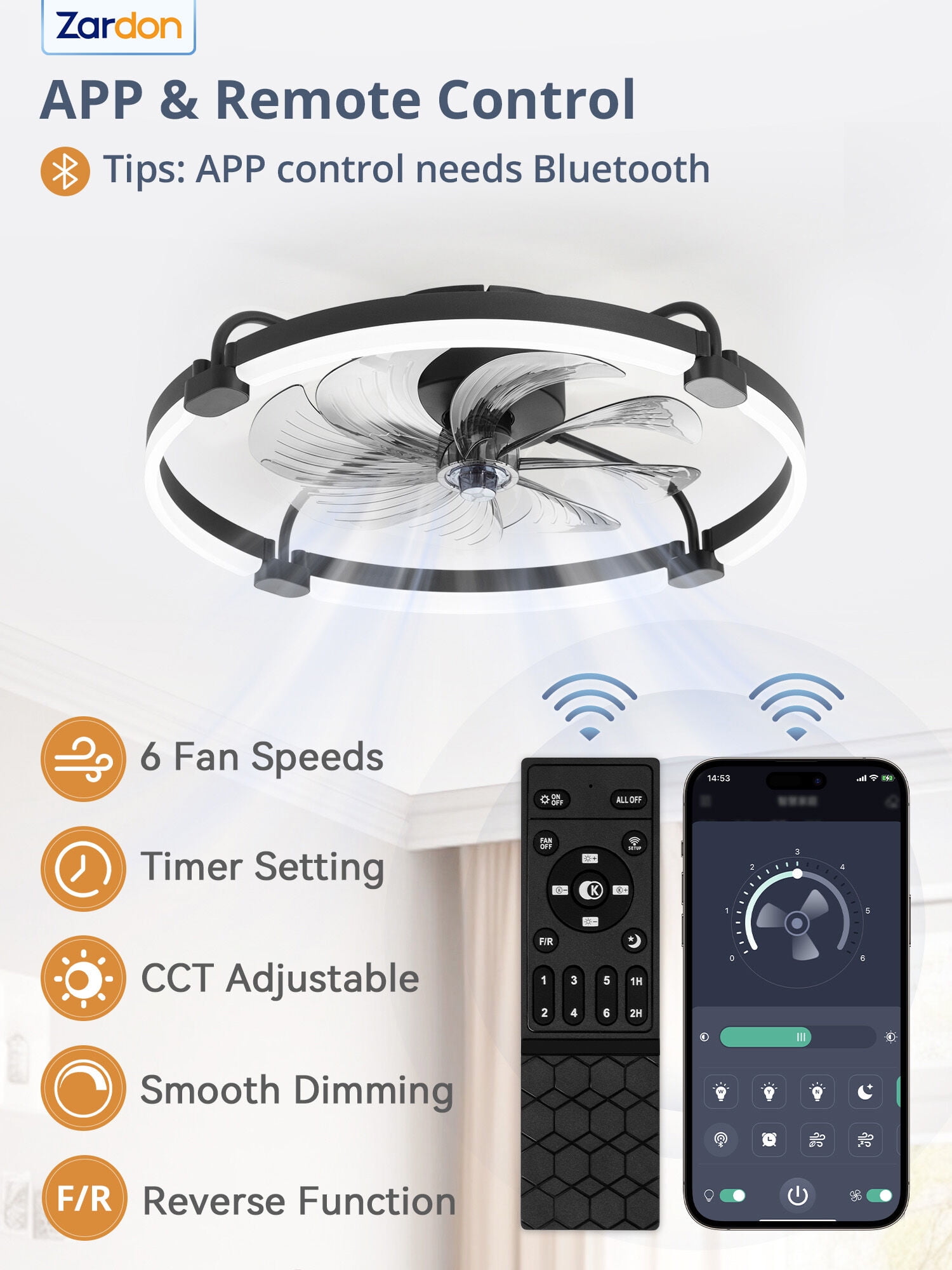 Zardon 24'' Ceiling Fans with Lights and Remote, Modern Flush Mount ,Dimmable LED Fan Light, for Bedroom, Black