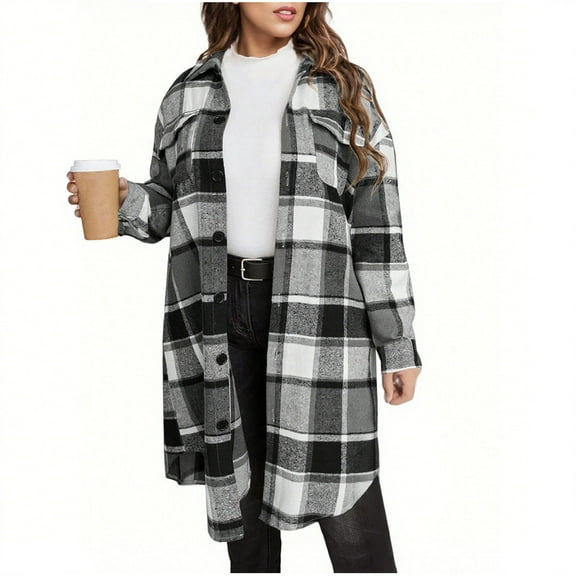 yardsong Oversized Women's Fall Shackets 2025 - Long Plaid Casual Button Down Flannel Shirt Jackets Tartan Woolen Coats Black,L