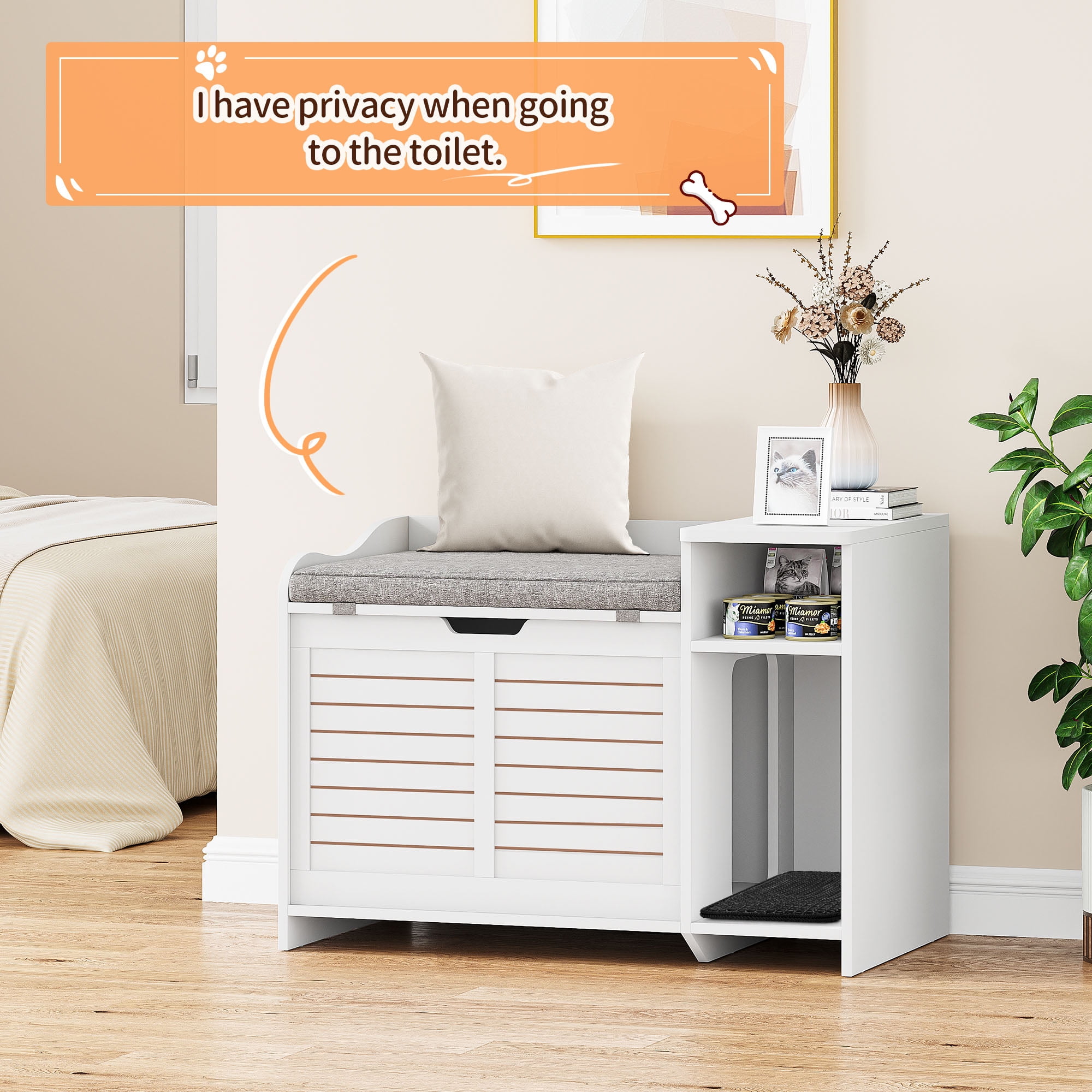 AOILE Cat Litter Box Enclosure – Hidden Litter Box Cabinet with Top Opening, Cushion, and Storage | Stylish Privacy Cat Litter Furniture