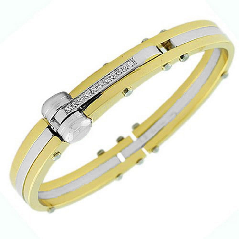 Stainless Steel Yellow Gold-Tone and Silver-Tone White CZ Men's Handcuff Bracelet