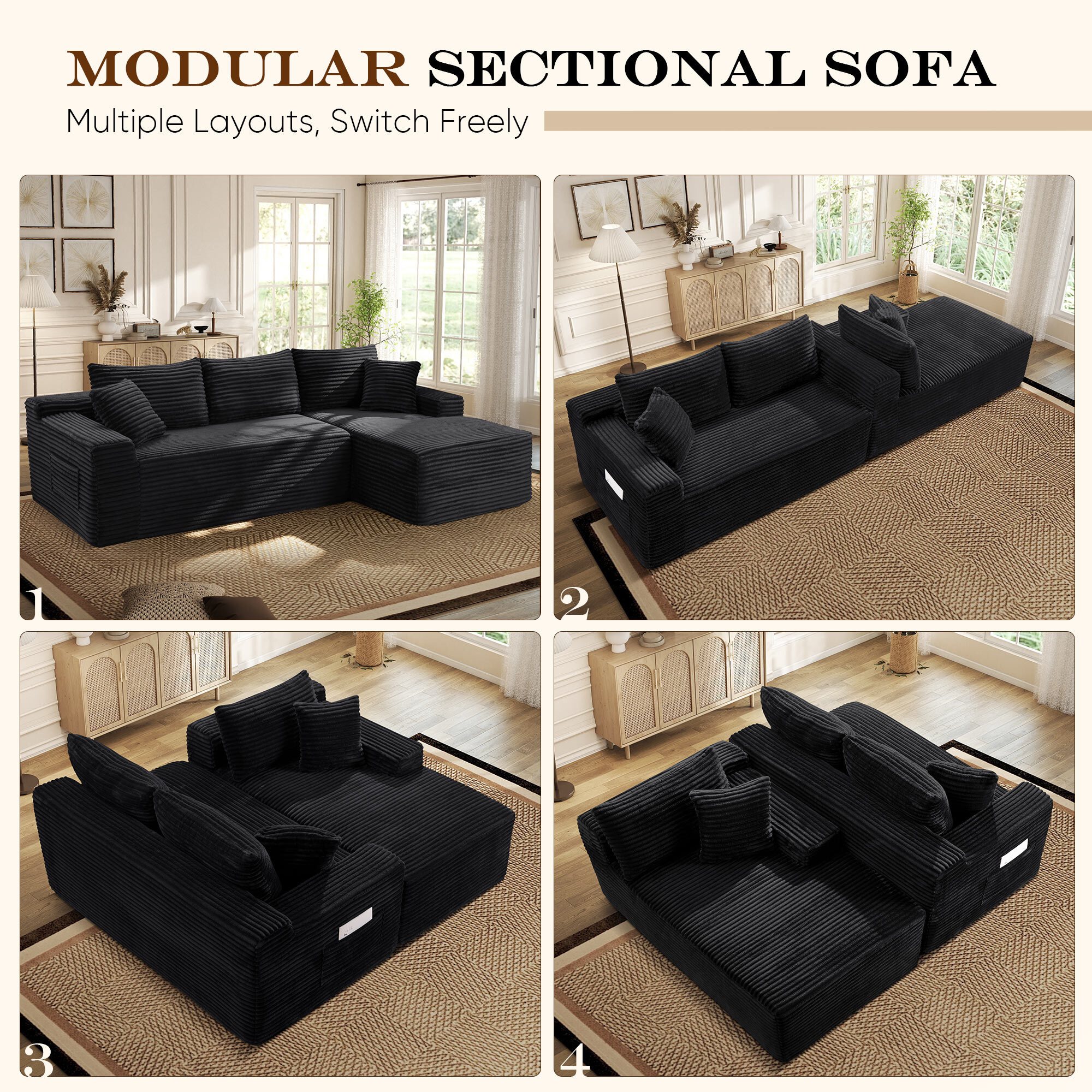 Lunale Small Modular Sectional with Movable Chaise, Black L-Shape photo 3