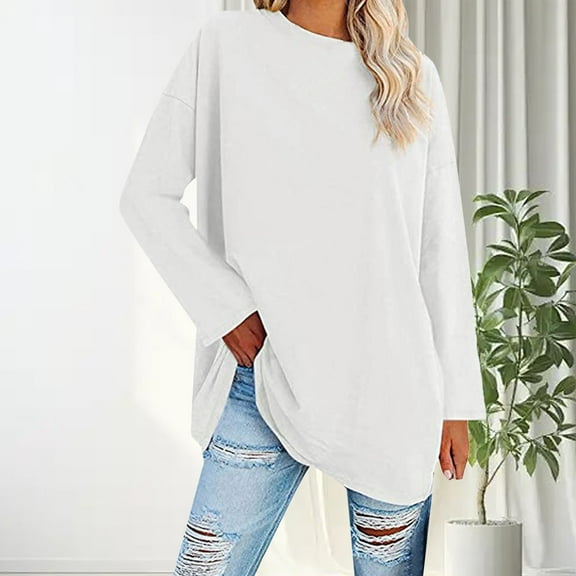 YEJIMAN White Shirt Women, cotton Plus Size Tunic Tops For Women, Women's Plus Size Top Long Sleeve Crew Neck Loose T Shirt