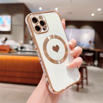 Feishell for Apple iPhone 12 Pro (6.1 inch) Cute Love Heart Pattern Phone Case for Women Girls,Compatible with Magsafe Charging,Luxury Plating Edge Soft Silicone Shockproof Slim Phone Case,White
