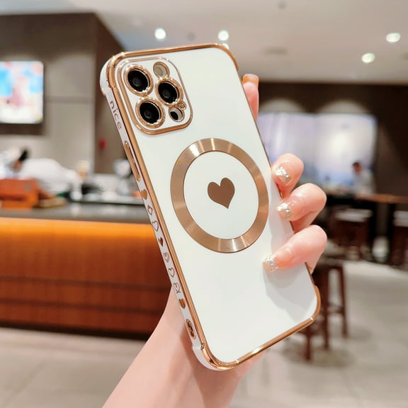 for Apple iPhone 12 Pro (6.1 inch) Cute Love Heart Pattern Phone Case for Women Girls,Compatible with Magsafe Charging,Luxury Plating Edge Soft Silicone Shockproof Slim Phone Case,White