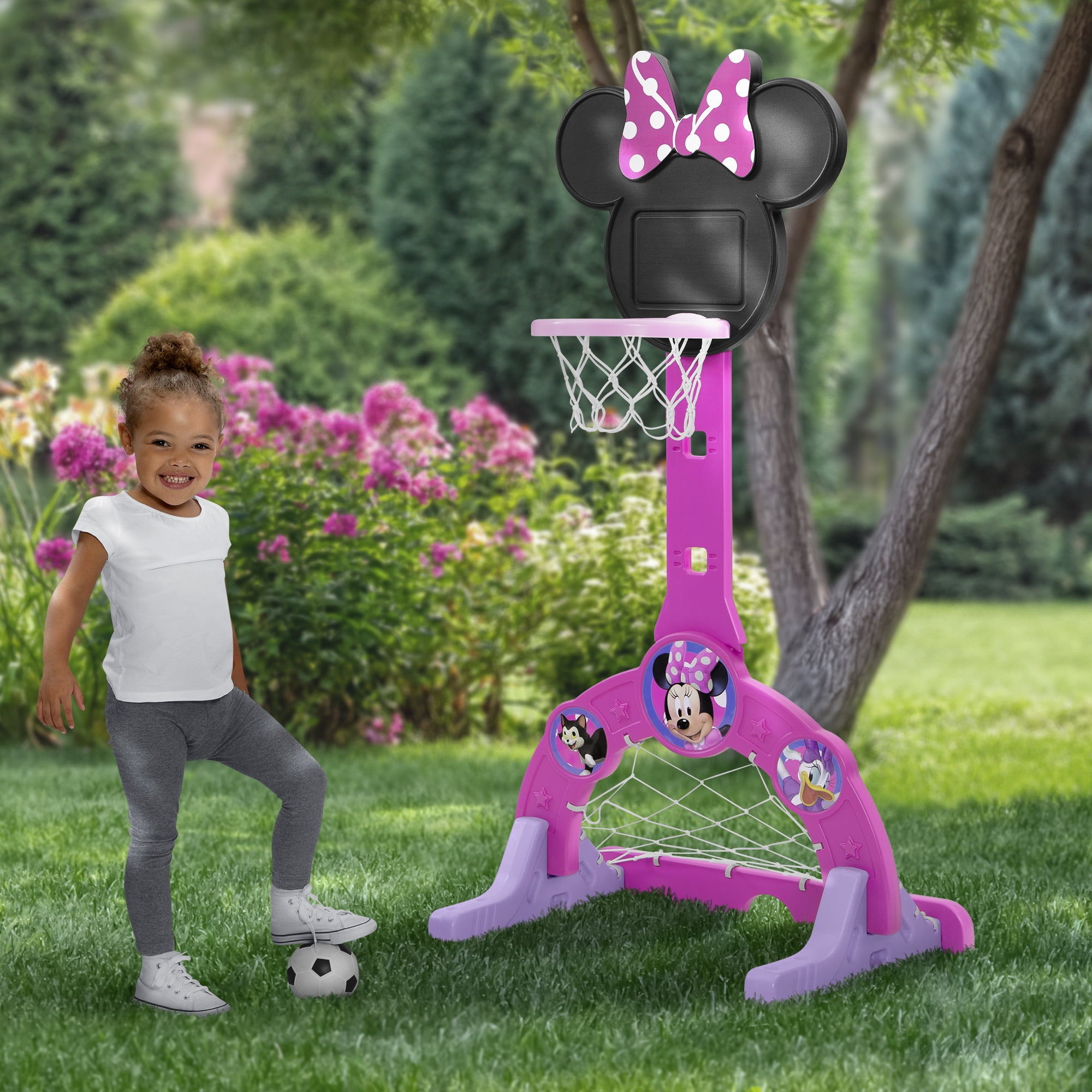 Disney Minnie Mouse 4-in-1 Sports Center – Adjustable Basketball Hoop, Soccer/Hockey Net & Golf, Pink