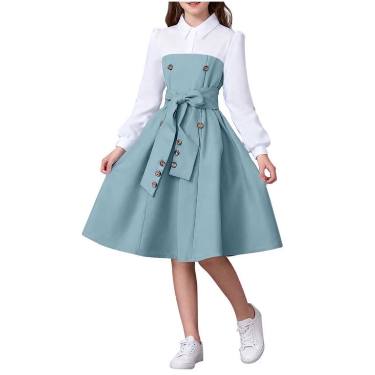 dignified casual dress HOZADOIE Girls Dresses Color Block Lapel Button Long Sleeve Waist Tie  Dignified Formal Dress for Speeches Gatherings 8-13 Years