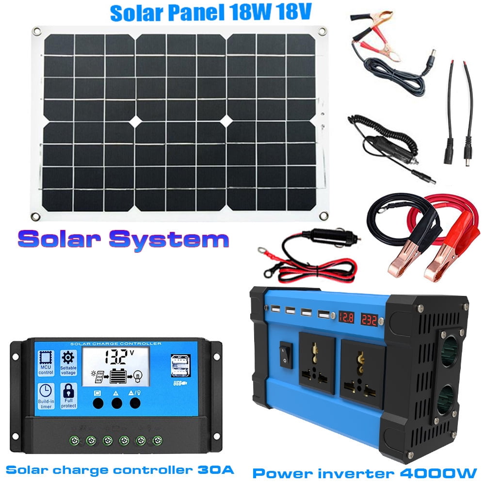 Power Inverter Solar Controller Solar Panel Charging Kit Intelligent Battery Charging Solar System Converts 12V DC to 220V/110V AC 30A 12V/24V Solar Controller 18W 18V Solar Panel