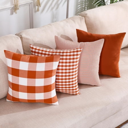 Burnt Orange Fall Plaid Throw Pillow Covers 18x18 Set of 4 Buffalo Plaid Fall Decor Autumn Outdoor Decorative Pillows for Porch Garden Office and Living Room