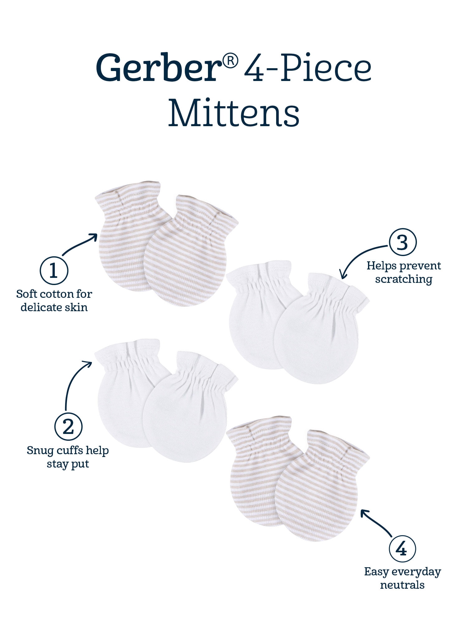 Gerber Baby Boy or Girl Neutral Adjustable Cotton Mittens, 4-Pack, 0/6 Months