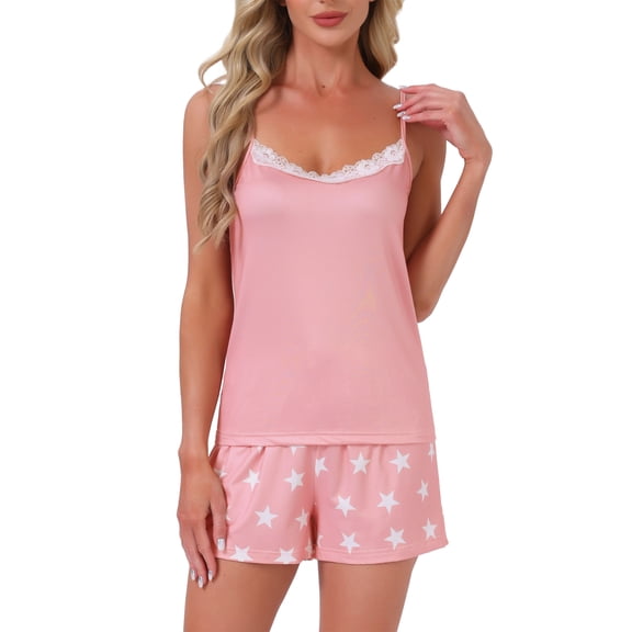 INSPIRE CHIC Womens Pajama Set Lace Trim Start Print V Neck Sleeveless Tank with Elastic Waist Shorts 2 Piece Lounge Sets S Pink