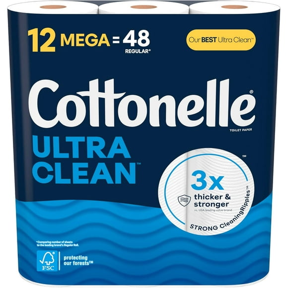 Cottonelle Ultra Clean Toilet Paper, Strong Toilet Tissue, 12 Mega Rolls