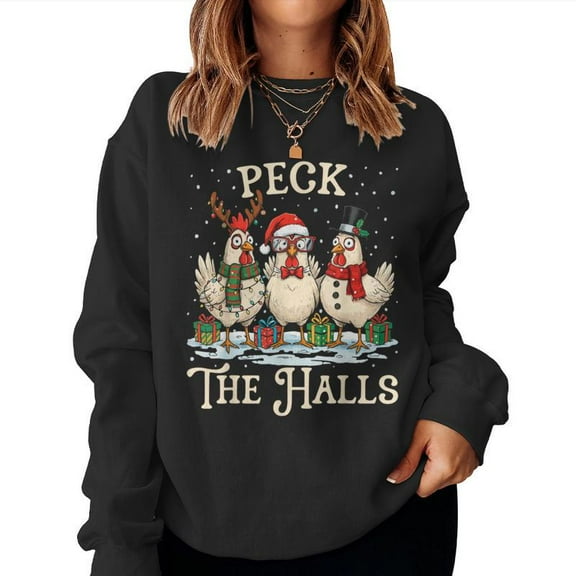 Peck The Halls Funny Chicken Christmas Farm Animal Graphic Pullover Gift Sweatshirt, for men & women, up to size 5XL