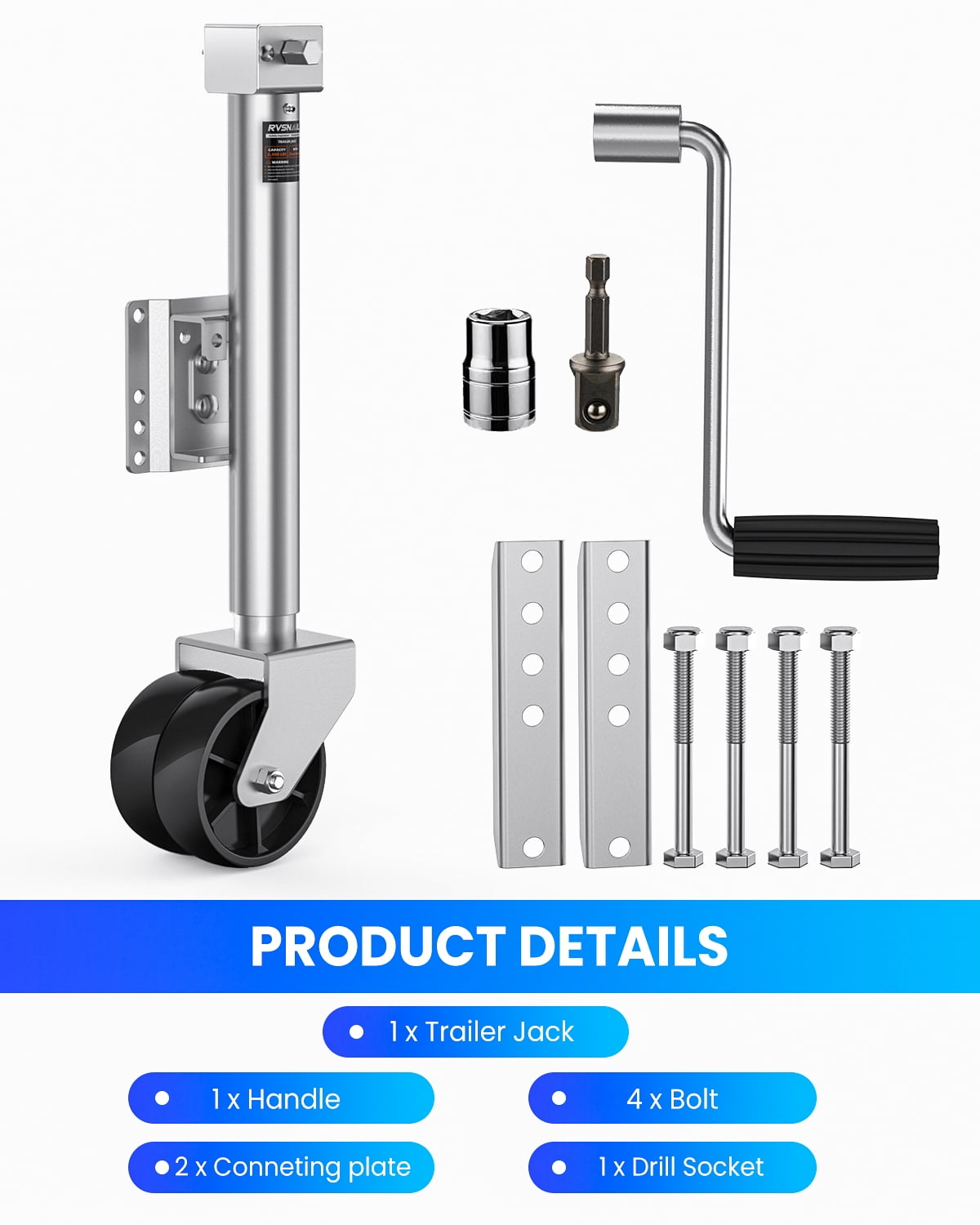 2000 lbs Trailer Jack with Dual Wheel Heavy Duty, 23" Lift, 20-24V Cordless Drill Compatible, for RV, Boat, Yacht & Utility Trailers, Sliver