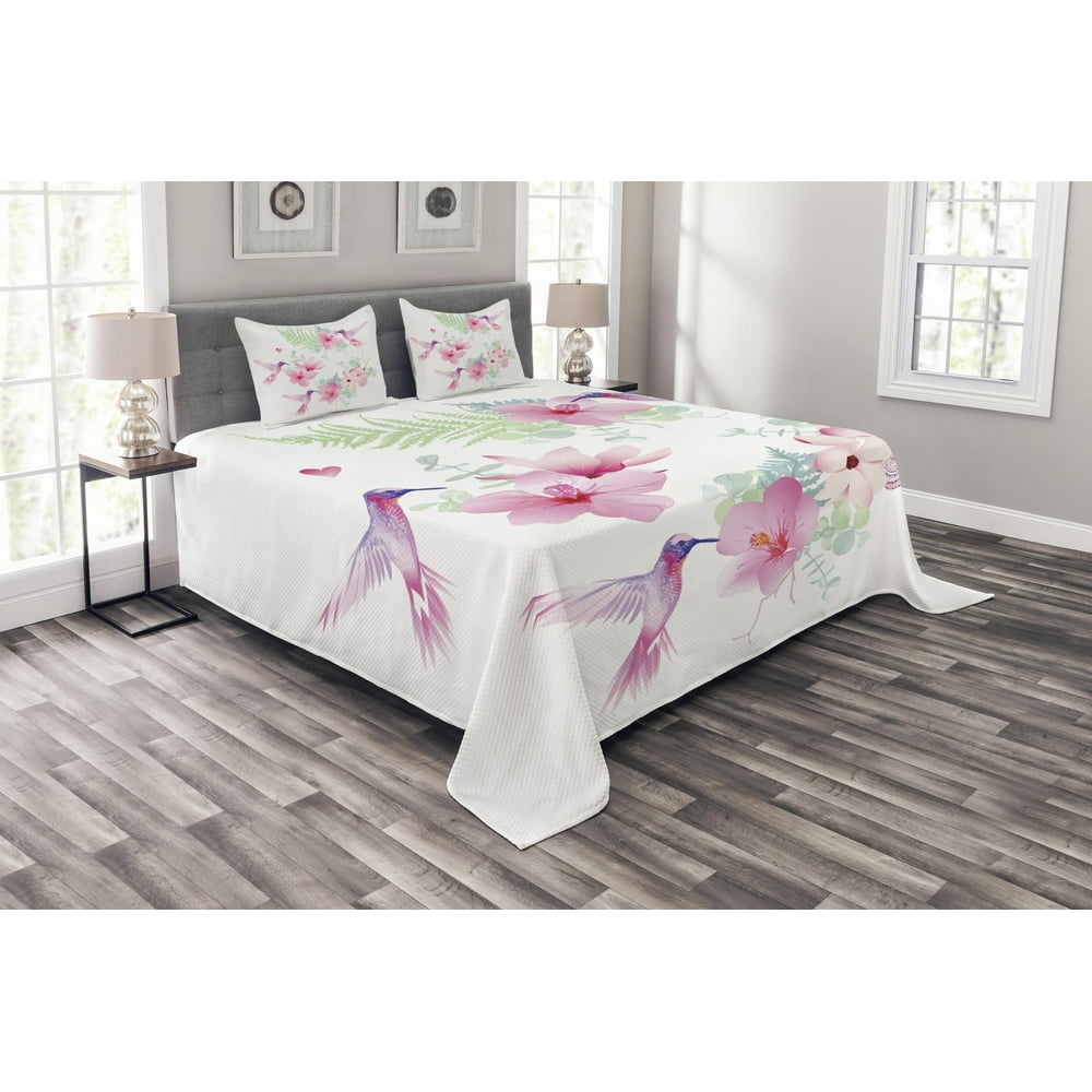Hummingbirds Bedspread Set Queen Size, Tropical Flowers with Flying