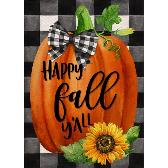 Happy Fall Y''all Farmhouse Pumpkin Decorative Burlap Garden Flag, Buffalo Plaid Check Home Yard Small Outdoor Decor, Rustic Autumn Harvest Sunflower Outside Decoration Double Sided 12.5x18