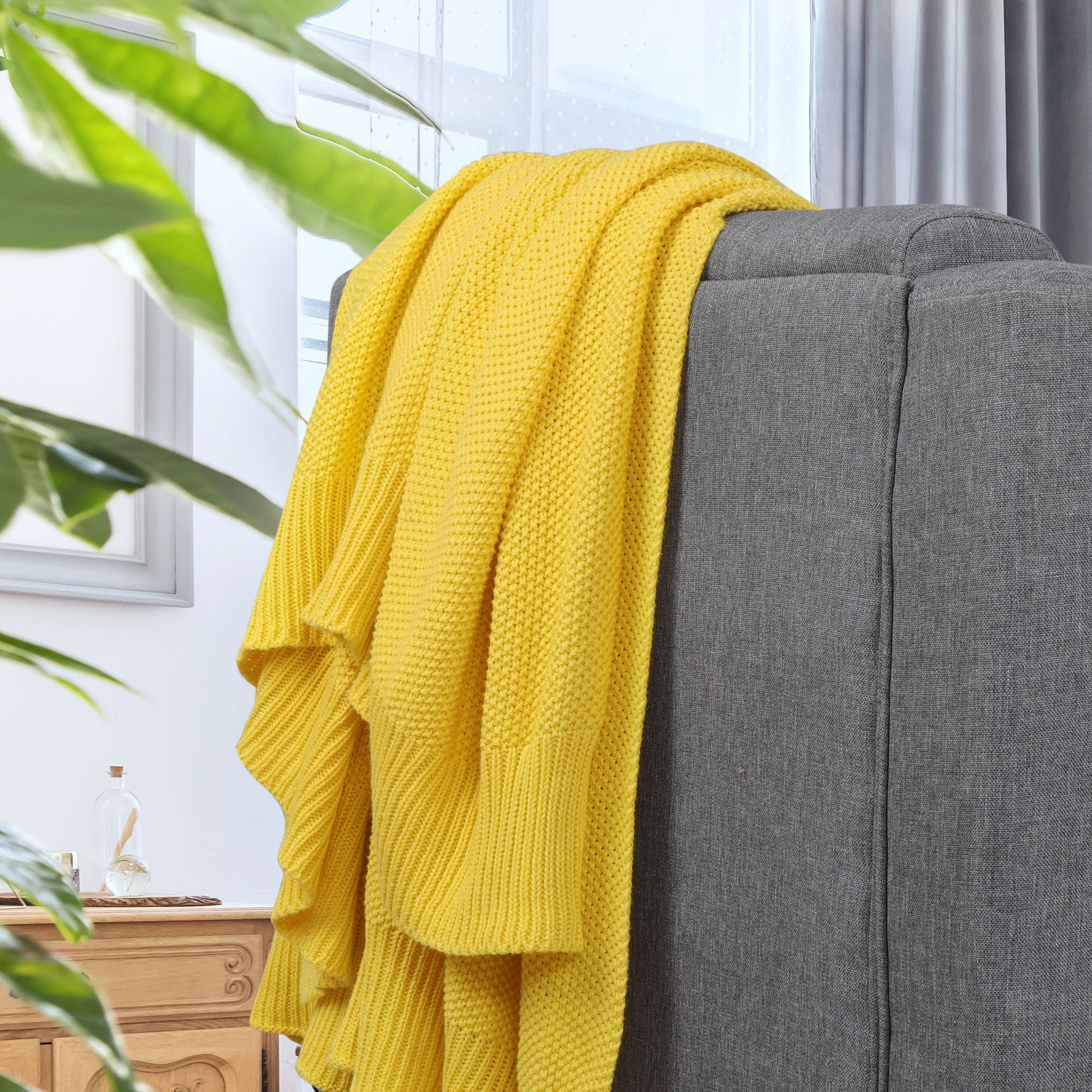 Unique Bargains Pure Cotton Soft Cable Knit Throw Blanket Yellow 51" x 59"