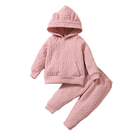 

Kucnuzki 6 Months Baby Girl Autumn Winter Outfits Pants Sets 9 Months Long Sleeve Solid Color Twis Pattern Cozy Hooded Sweatshirt Tops Elastic Pants 2PCS Set Pink