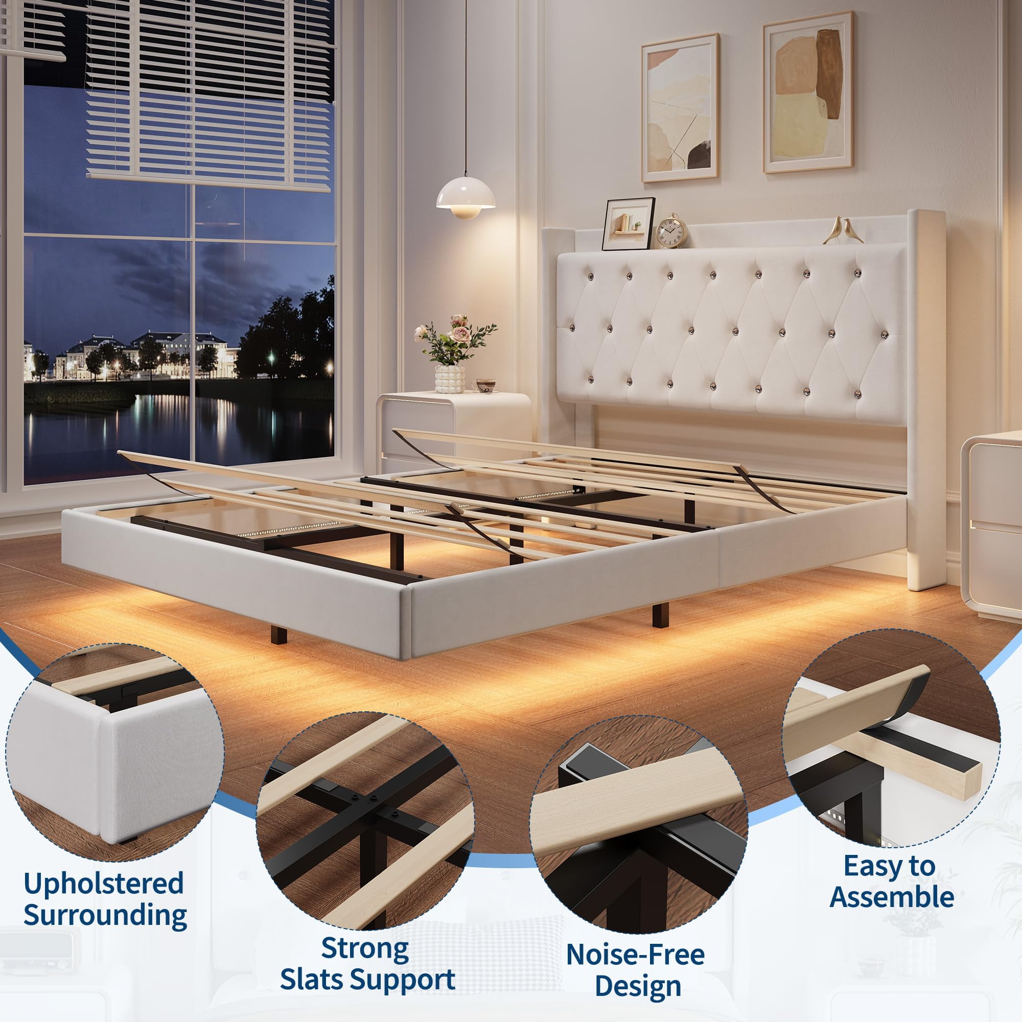 Floating Bed Frame, Queen Bed Frame, Velvet Upholstered Platform Bed with Storage Headboard, RGB LED Light, Wood Slats, Noise Free, Easy Assembly
