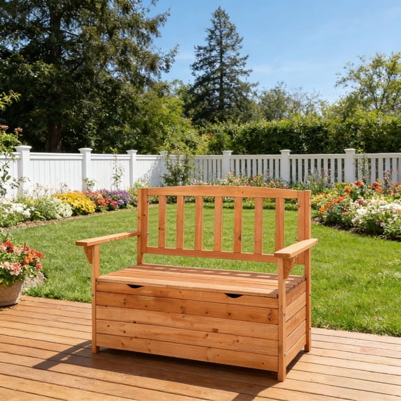 Zimtown 44" Outdoor Cedar Storage Bench with Backrest and Armrest, Large Patio Deck Box for Garden Tools and Cushions