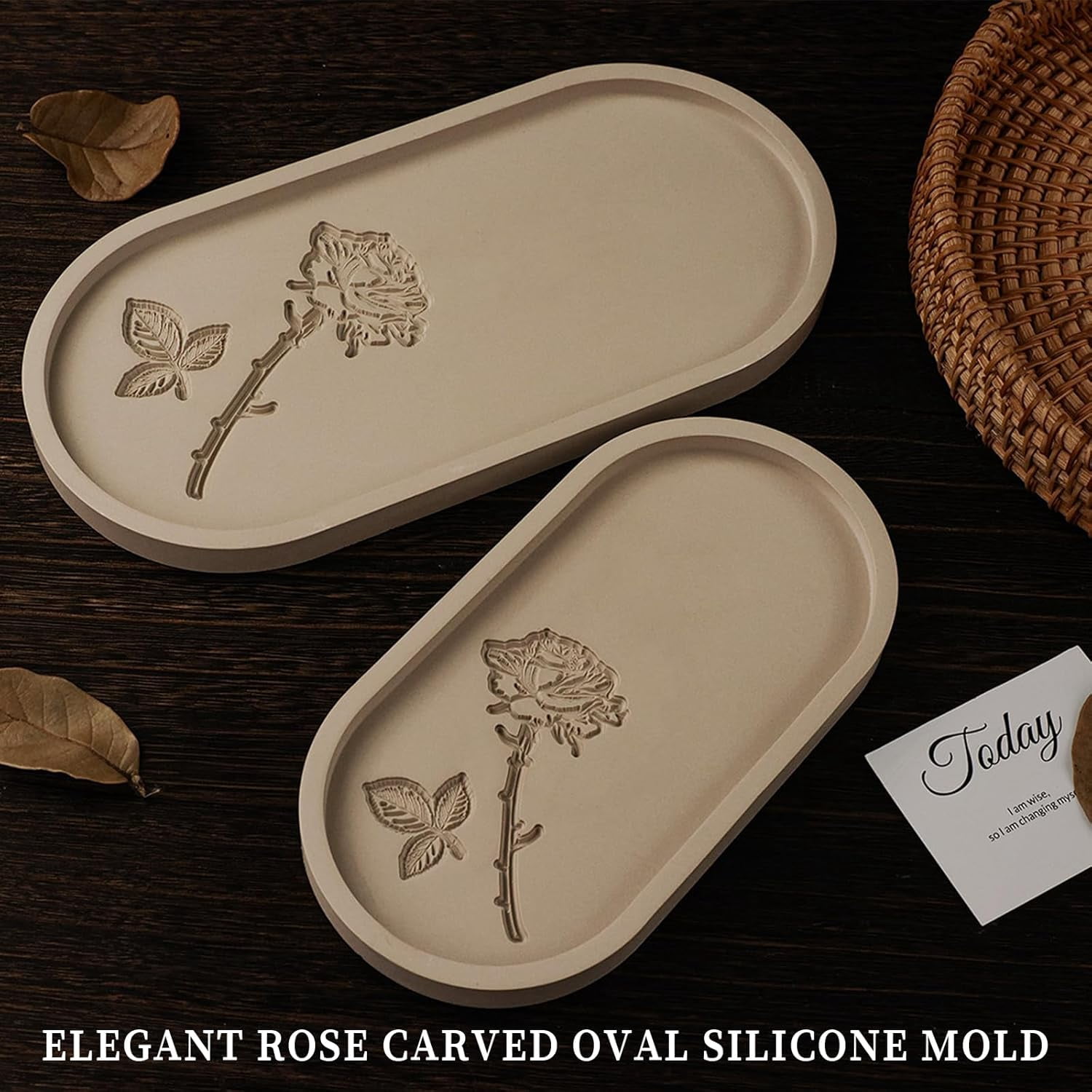 ABCISI Oval Tray Molds for Resin Concrete, 2 Size Rose Carved Oval Silicone Tray Mold, Epoxy Resin Casting Mold for Jewelry Holder Bathroom Vanity Tray Candle Holder Storage, Floral Crafts Gift