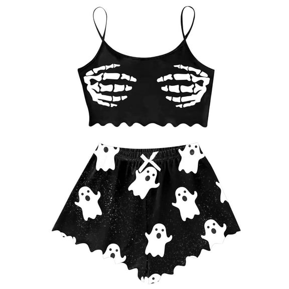 XIAONU Womens Pajama Sets Sleeveless Vest And Shorts Set Pleasure Loungewear Halloween Skeleton Hand Print Comfortable Home Wear