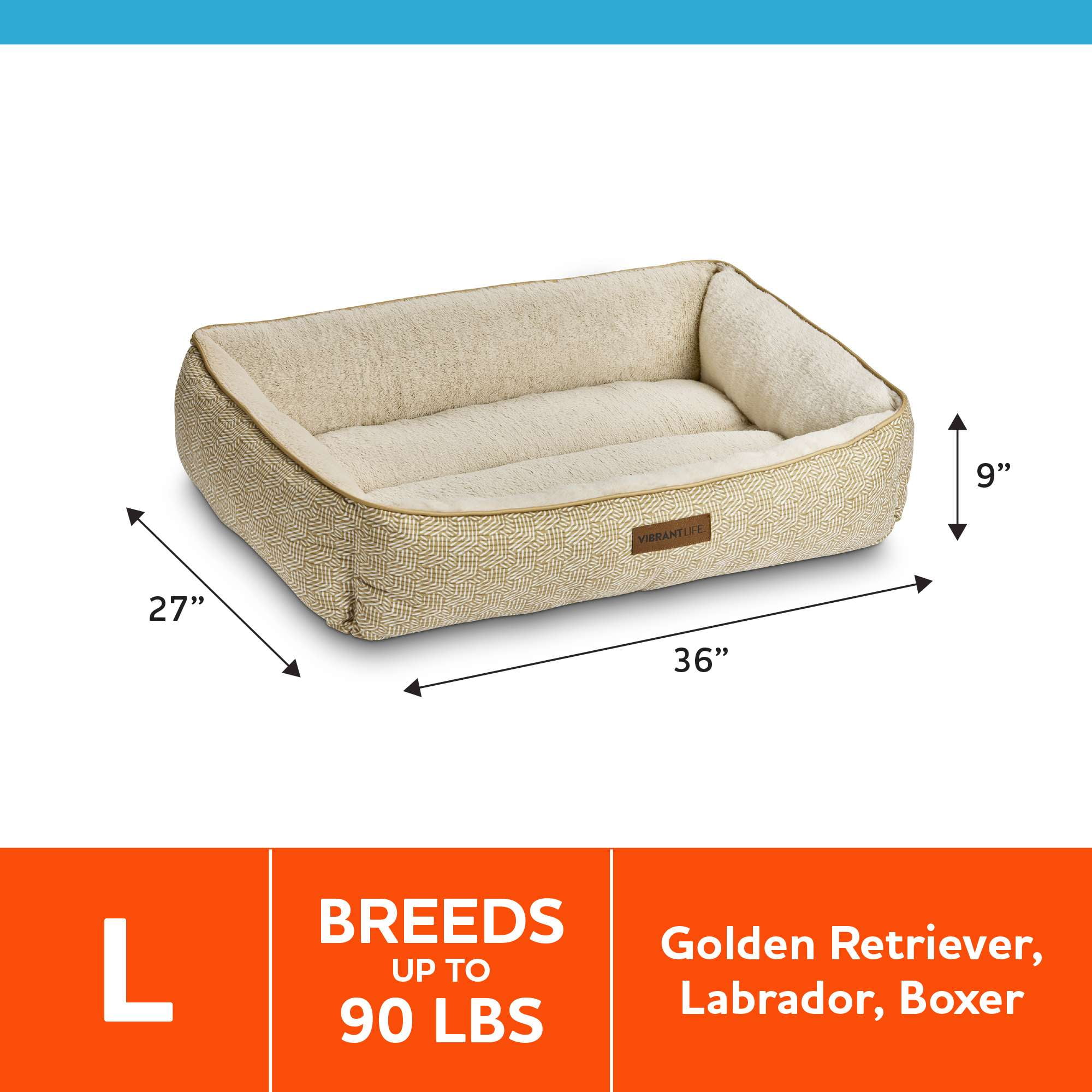 Vibrant Life Large Dog Bed, Bolster Dog Bed for Large Dogs, 36" x 27", Tan