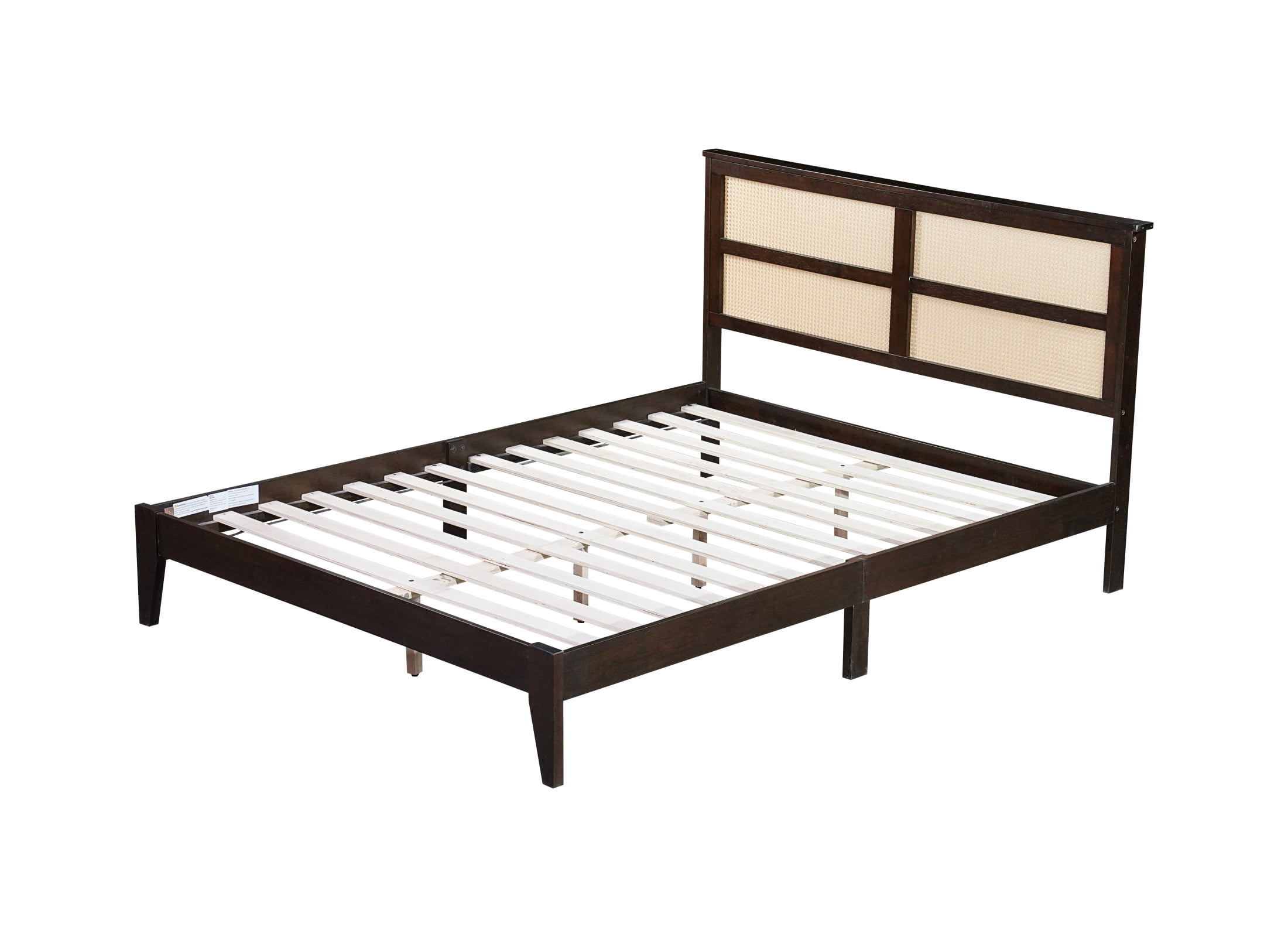 Aukfa Queen Size Bed Frame, Rubber Wooden Platform Bed with Rattan Headboard, Espresso