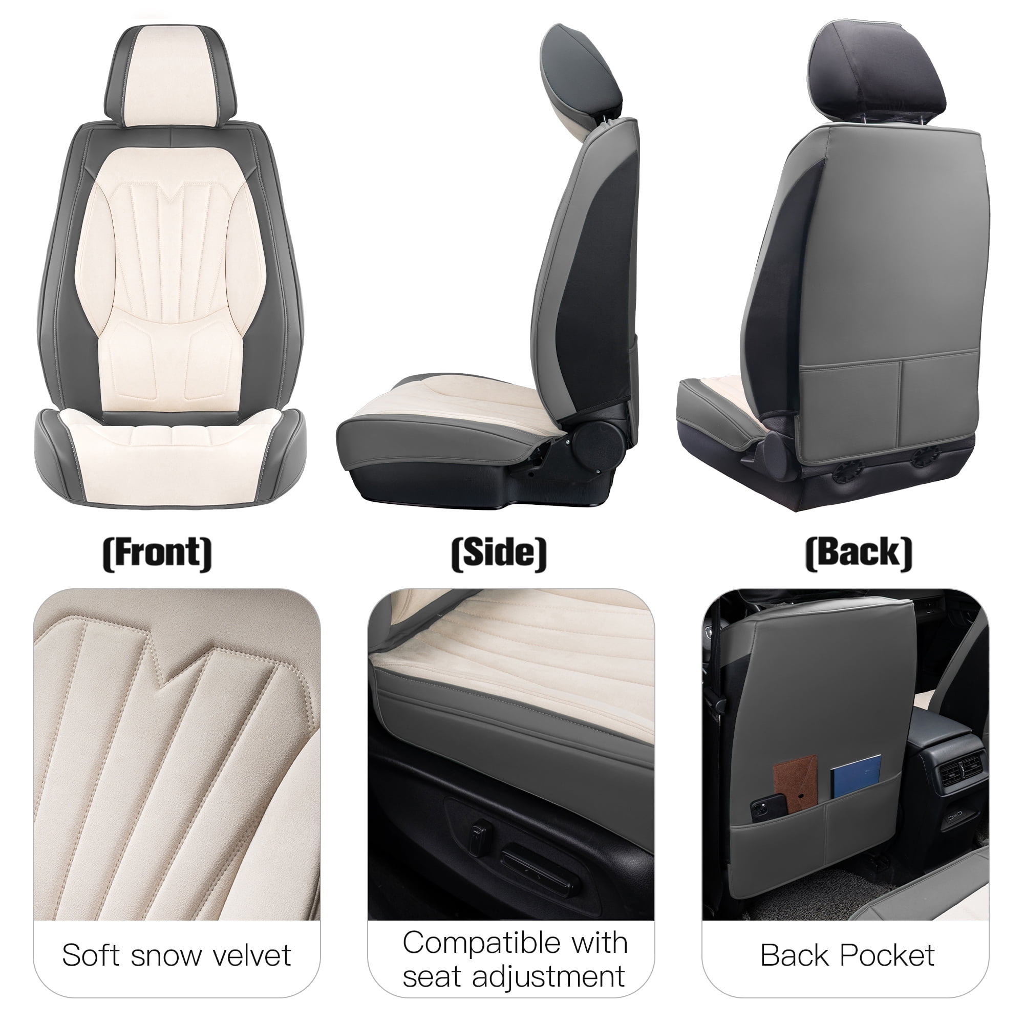 Caromop Universal Car Seat Covers Full Set,3D Foam Support in Velvet & PU Leather,Armrest Compatible for Cars, Trucks, SUVs (Beige/Gray)