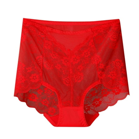 Women s Plus Size Lace Briefs High Waist Ultra-Thin Panties Full Coverage Mesh Breathable Underwear (X-Large  Red)
