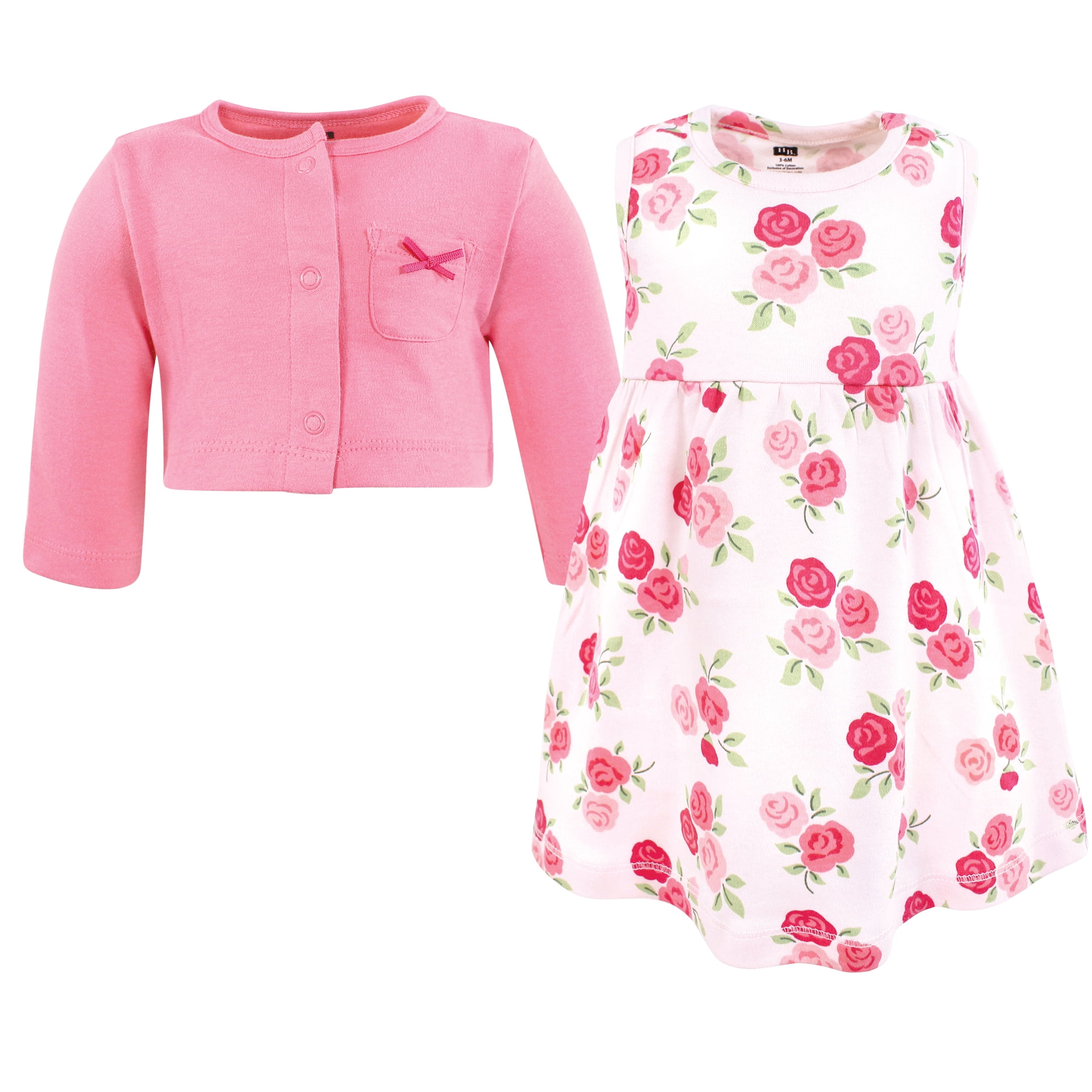 Hudson Baby Infant and Toddler Girls Cotton Dress and Cardigan Set, Bright Pink Rose, 9-12 Months