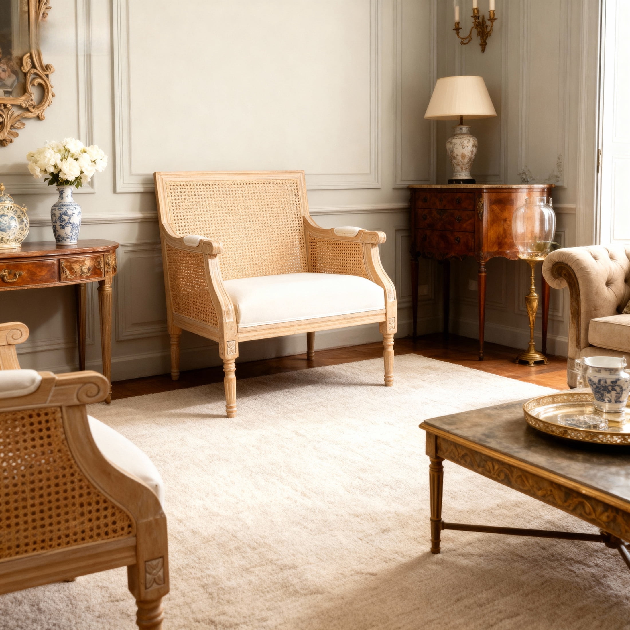 Noble House French Country Upholstered Accent Armchair with Vintage Rattan Back and Solid Rubber Wood Frame, Beige