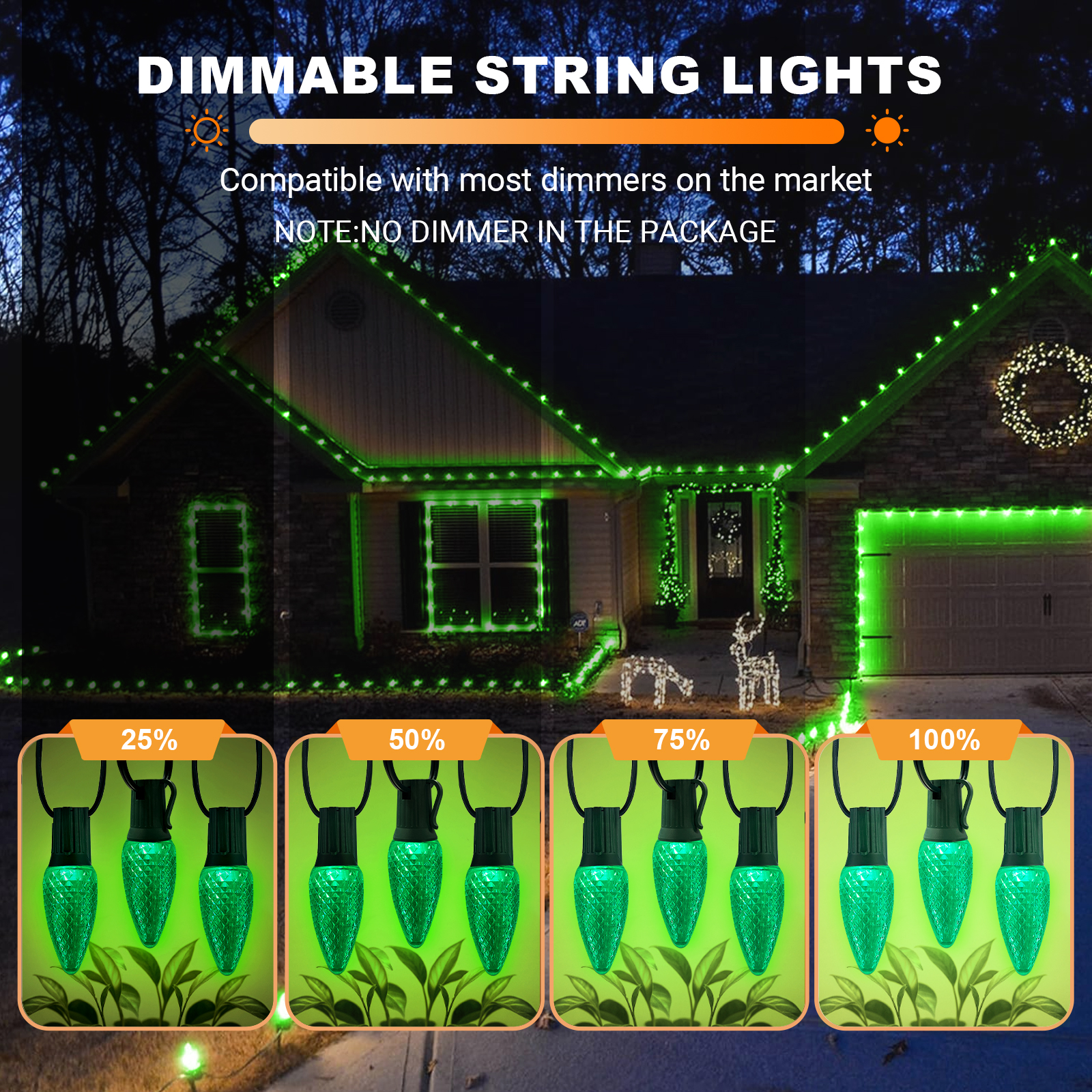 LAMPHOME Green C9 Christmas String Light Outdoor, 25FT Shatterproof LED for House Rooflines & Pathways, Connectable Waterproof Vintage Christmas Light for Tree, Yard, Patio, Porch, Garden