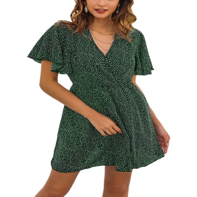 Femmes Casual Mousseline Mini Robe Manches Courtes Point Imprimé V Cou Taille Haute une Robe de Ligne d'Été Robe de Plage