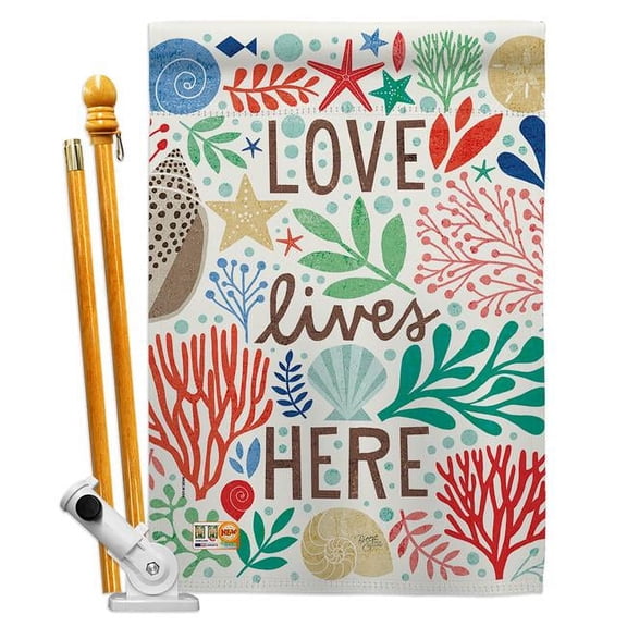 Breeze Decor BD-NA-HS-107064-IP-BO-D-US18-WA 28 x 40 in. Love Lives Here Coastal Nautical Impressions Decorative Vertical Double Sided House Flag Set & Pole Bracket Hardware