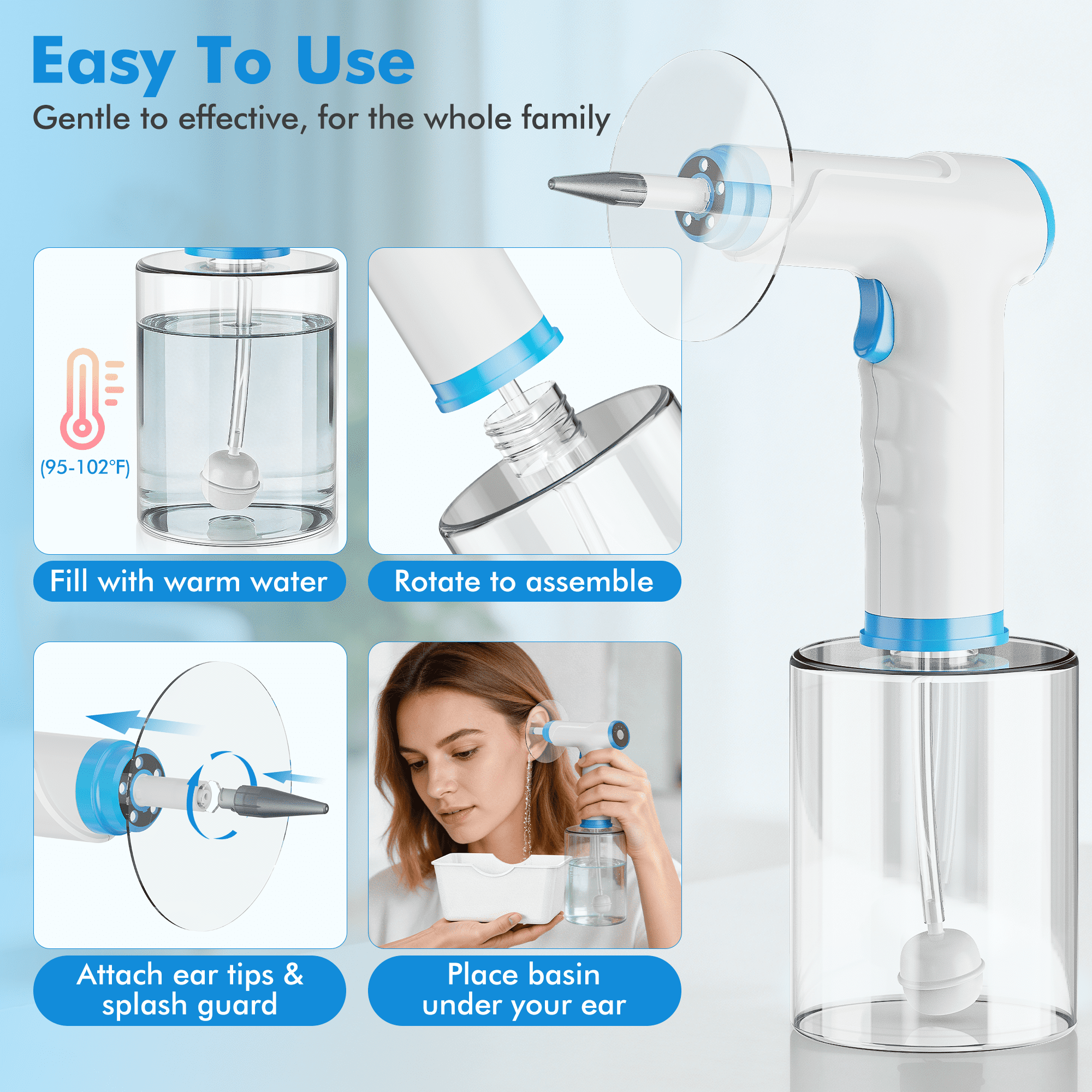 ILAVYO Electric Ear Wax Removal Kit, Ear Irrigation Cleaner with Light, 4 Pressure Modes, 500ml Water Tank, 2 Nozzle Types, USB Rechargeable