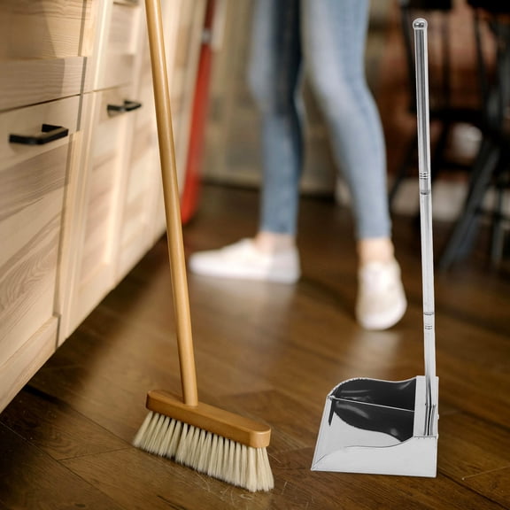 OUNONA Heavy Duty Stainless Steel Dustpan with Handle for Garage, Courtyard, and Outdoor Cleaning
