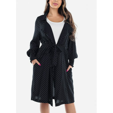 Womens Juniors Casual Summer Lightweight Long Sleeve Black Polka Dot Belted Long Blazer Coat For Travel Office New Trend 2019 Jacket (Best Light Jacket For Travel)