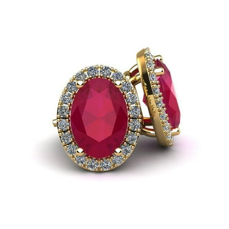 3.40 Carat Oval Shape Ruby and Halo Diamond Stud Earrings In 14 Karat Yellow Gold