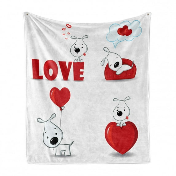 Love Soft Flannel Fleece Throw Blanket, Funny Dogs with Heart My Pet Best Friends Companions Ever House Animal Theme, Cozy Plush for Indoor and Outdoor Use, 50" x 70", Red White, by Ambesonne