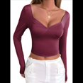 thumbnail image 3 of Camisetas de Larga con Cuello en V para Mujer, Top Corto con Doble Forro y Copas con Costura para Salir. Rojo Oscuro S, 3 of 9