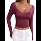 thumbnail image 3 of Camisetas de Larga con Cuello en V para Mujer, Top Corto con Doble Forro y Copas con Costura para Salir. Rojo Oscuro XL, 3 of 9