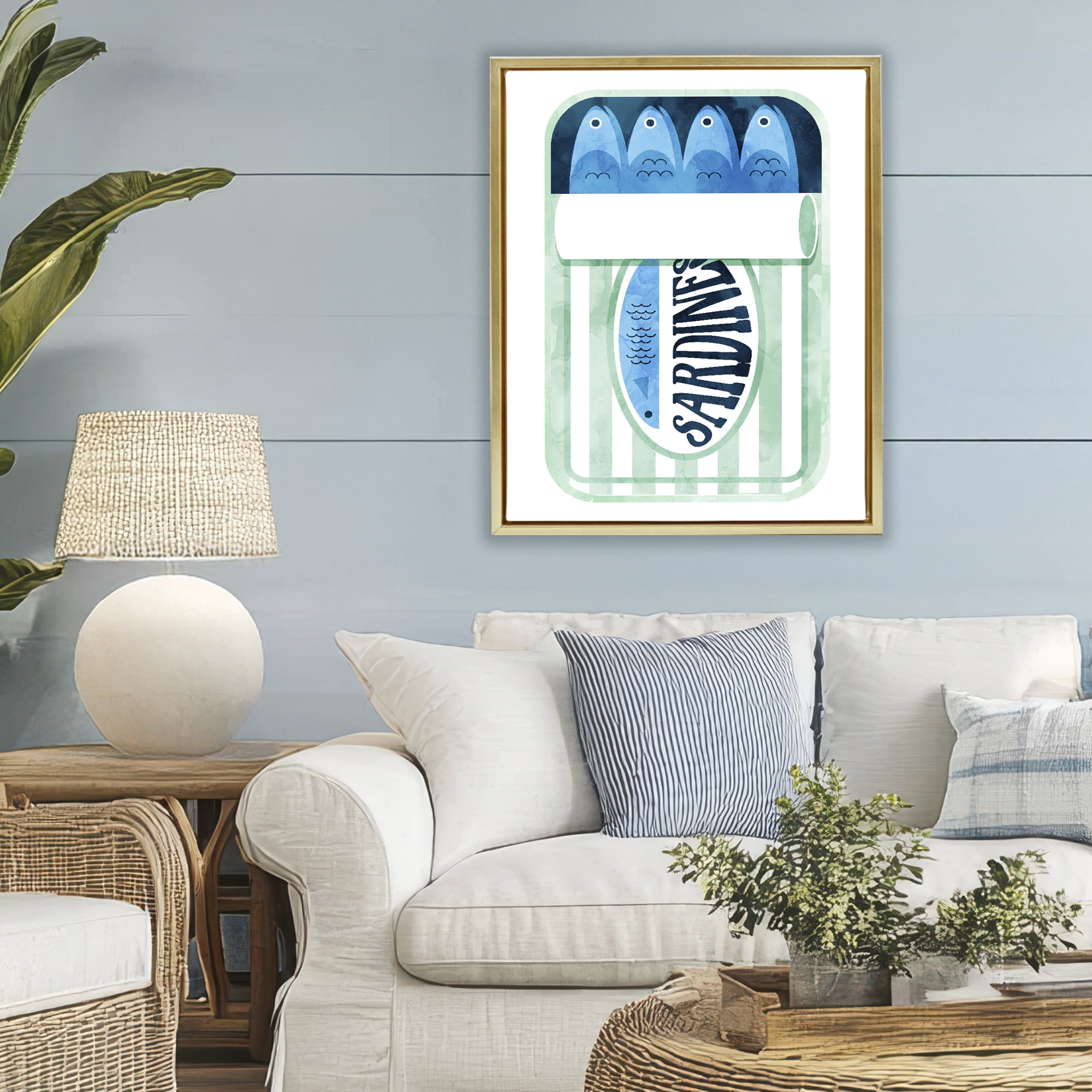 Green Stripe Sardine Tin Gold Framed Floater Canvas Wall Art, design by Daphne Polselli