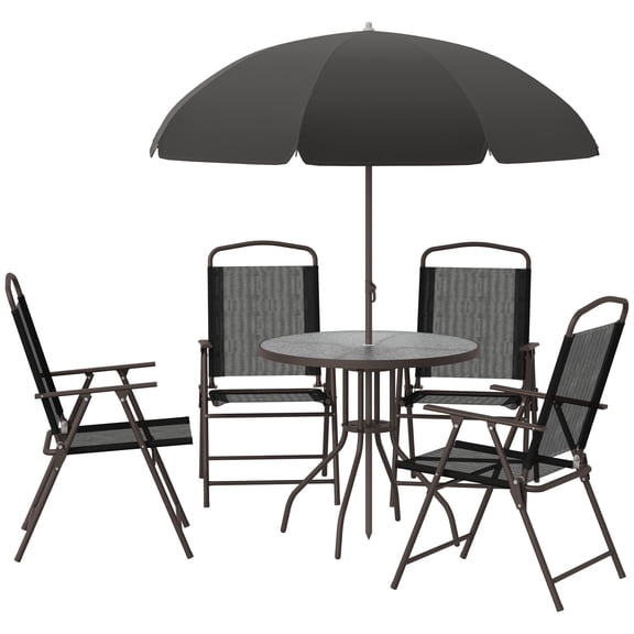 Dranite 6-Piece Outdoor Patio Dining Set for 4 with Umbrella,Round Glass Table & 4 Folding Chairs