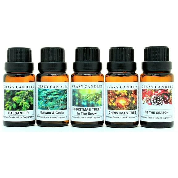 5 Bottle Set (Made in USA) Balsam & Cedar, Balsam Fir, Christmas Trees, Christmas Tree in The Snow, Tis The Season 1/2 Fl Oz Each (15ml) Premium Grade Scented Fragrance Oils