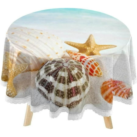 SKYSONIC Summer Sea Shells Round Tablecloth 60inch Indoor Wrinkle Free, White Sand Beach Circular Lace Table Cover Washable for Kitchen Party BBQ Dining Decor